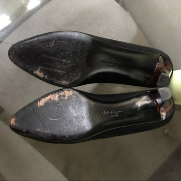 Salvatore Ferragamo Heels 7B Black Nero Suede Turtle Shell Brown - Picture 11 of 11